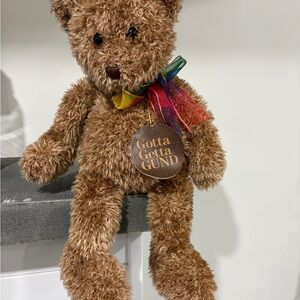 GUND Fluffy Brown Bear with Colorful Ribbon